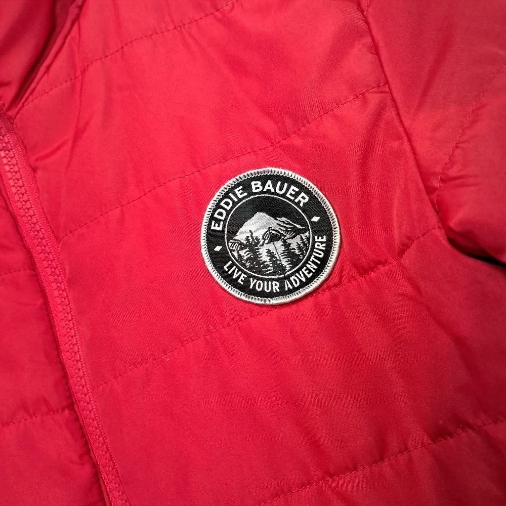Eddie Bauer Puffer Jacket Kids Small 7/8 Red Full Zip, Retro Logo on Chest